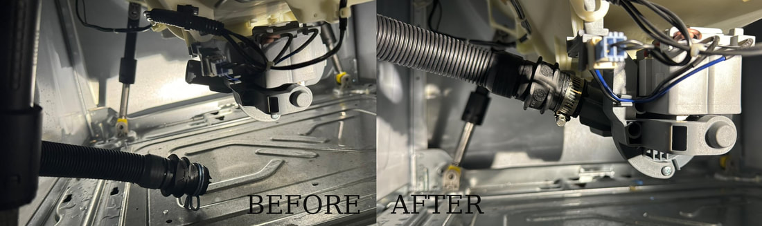 before and after repairing appliance part - we reconnected this water inlet hose to make the appliance work like new again