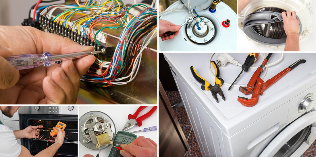 multiple images of appliances being repaired in a grid photo